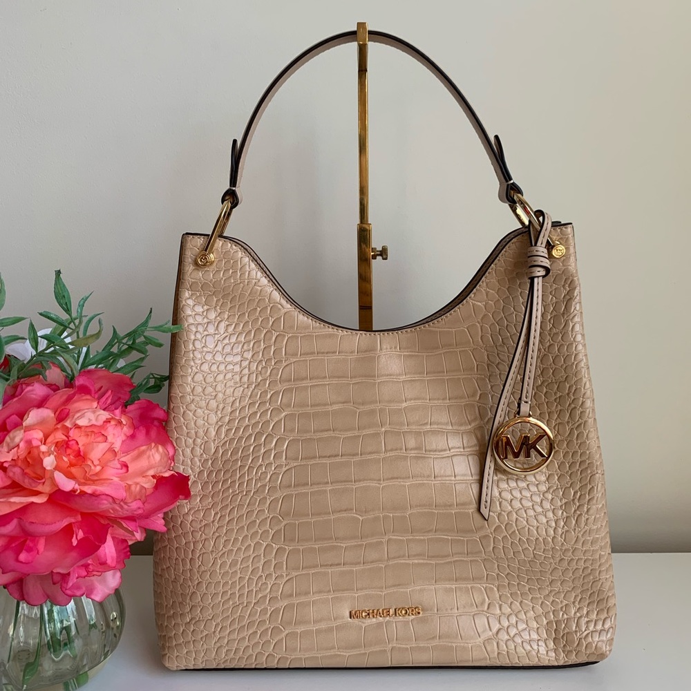 Michael Kors Joan Embossed Large Sloachy Shoulder Bag Luggage Buff